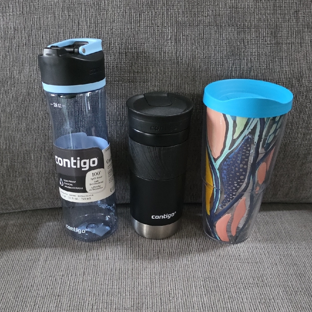 Contigo Water Bottle, Travel Mug, and‎ Tervis Tumbler Set, All New.